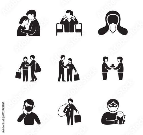 Diverse set of people icons depicting emotional states, social interactions and daily routines