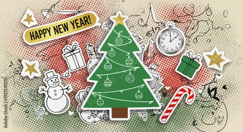 christmas tree with ornaments and gifts, happy new year