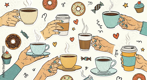 coffee and donuts illustration, hands holding cups of coffee