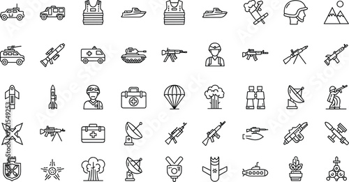 Military and Army Line Icon Set with Weapons, Soldier, Tank and Defense Equipment Outline Vector Collection