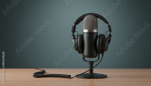 Podcasting and radio concept with retro microphone and headphones on empty wooden table and dark blank wall background with place for your logo text. 3D rendering, mock up, Communication & Events