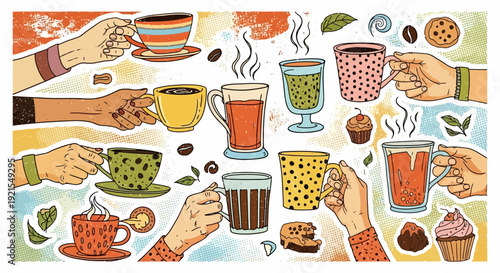 hands holding coffee cups, tea, drinks, illustration