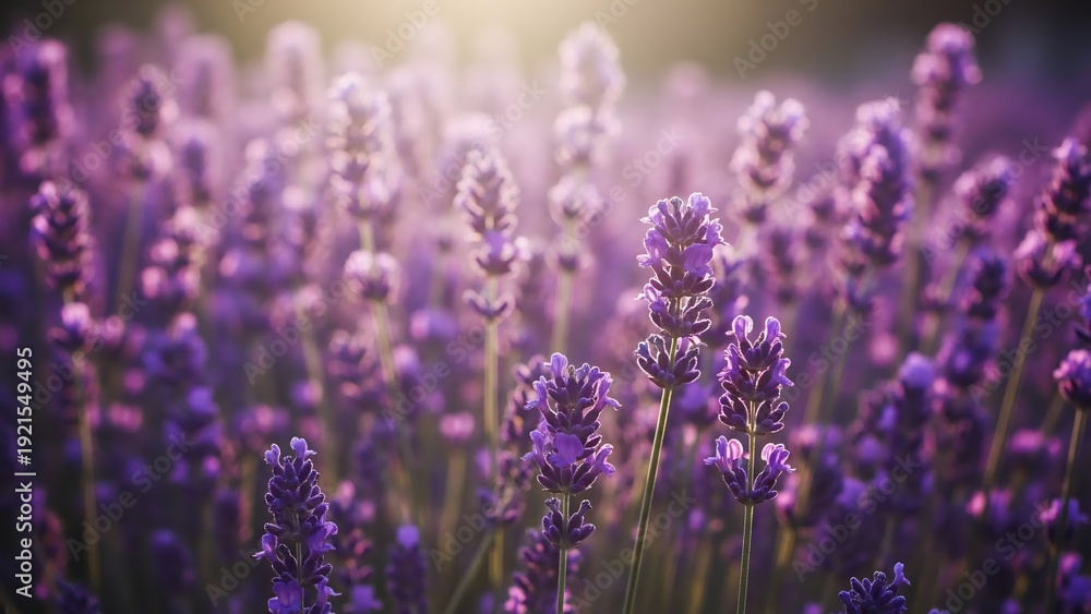 Obraz premium Close-up of Lavender Field at Sunset with Soft Golden Light