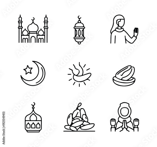 Ramadan and Eid al-Fitr symbols collection in outline style featuring mosque and dates