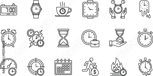 Time and Deadline Management Line Icon Set with Clock, Stopwatch, Hourglass and Alarm Symbols Outline Vector Collection