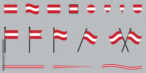 Austrian Flag Collection Flat, Waving, Heart, and Shield Icons on Gray Background.