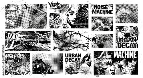 abstract grunge art, urban decay, noise machine, graffiti style
