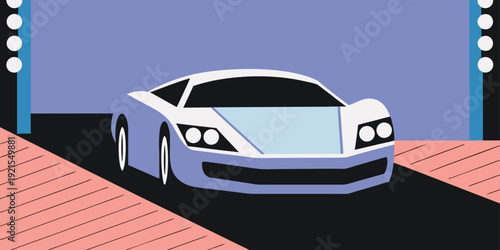 Stylized flat design illustration of a light blue sports car displayed on a bright showroom stage