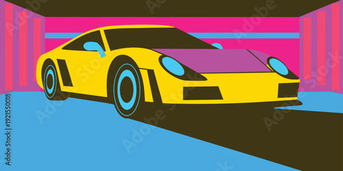 Retro pop art illustration of a yellow sports car in a vibrant geometric abstract setting