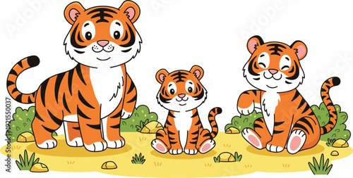Cute cartoon tiger family illustration with adult and baby tigers sitting together in nature scene for kids animal stories nursery art and wildlife themed designs