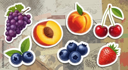 fruit stickers, healthy food, fresh fruits, berries, grapes, peaches, cherries