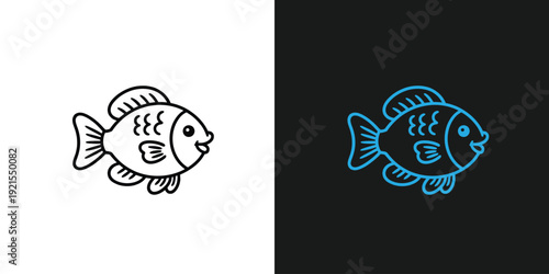 Simple line art illustrations of fish depicted in contrasting styles on split white and black backgrounds viewed from the side