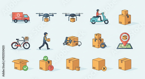 Delivery Service Icons Featuring Drones Trucks Scooters and Packages.