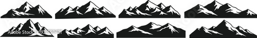 Mountain silhouette icons vector set for landscape design, nature elements, outdoor adventure branding, horizon decoration, minimal black alpine illustration