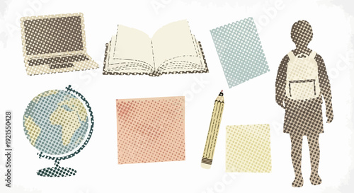 school supplies illustration, student with backpack and globe