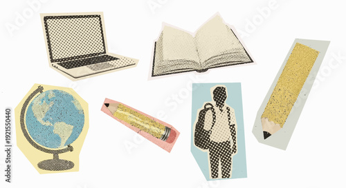 school supplies illustration, student with backpack, globe, laptop, pencil