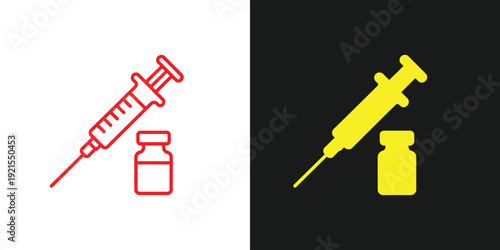 Medical syringe and vial illustration displayed on contrasting backgrounds showcasing medical equipment and healthcare supplies in a simple graphic style