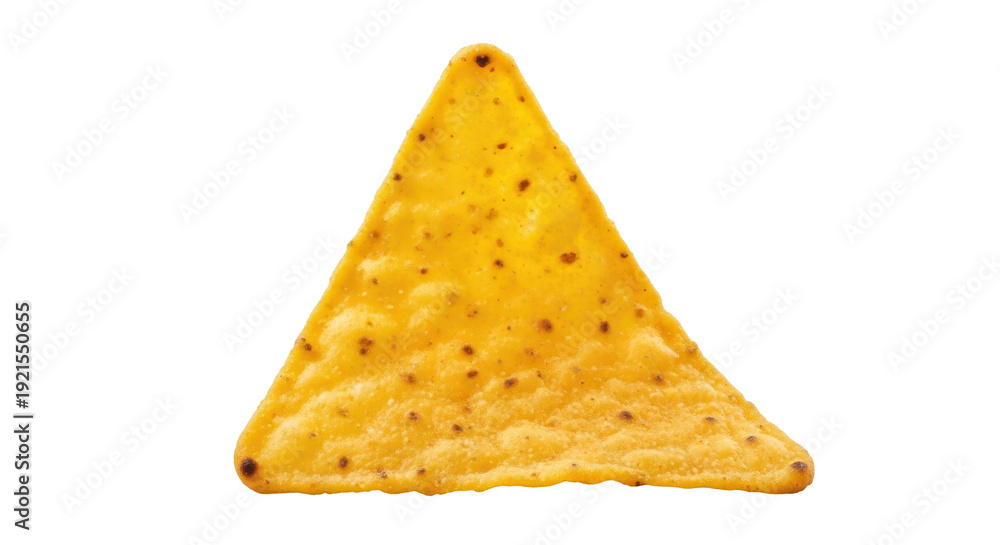 Fototapeta premium Single yellow corn tortilla chip or nacho, a classic crispy snack. Isolated on transparent background, png