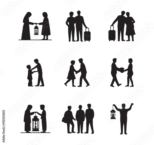 Collection of vector icons showing people interacting giving holding lanterns and traveling together