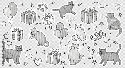 Cat gifts and balloons doodle illustration, birthday or celebration