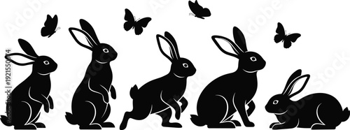 Rabbit silhouette illustration set with butterflies showing different poses, animal life cycle concept, wildlife design, minimal black vector art