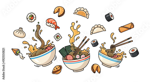 Ramen Noodles in Bowls with Toppings.