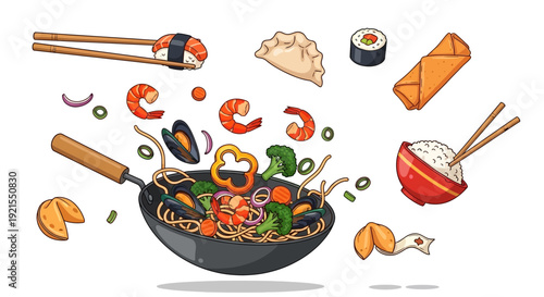 Asian Noodle Dish with Vegetables and Seafood.