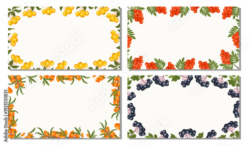Vector set of berries banners with fruit berry and green leaves. Botanical frame on white background for web design, packaging, label, and seasonal promotions.