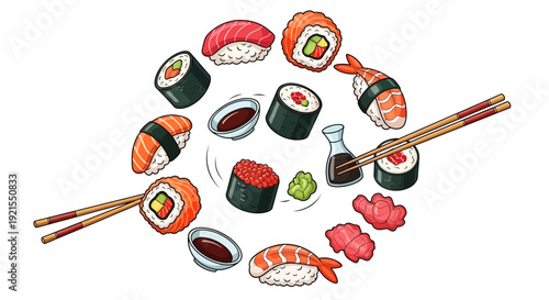 Sushi Rolls and Chopsticks with Dipping Sauce.