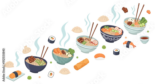Assorted Sushi and Ramen Bowls with Chopsticks.