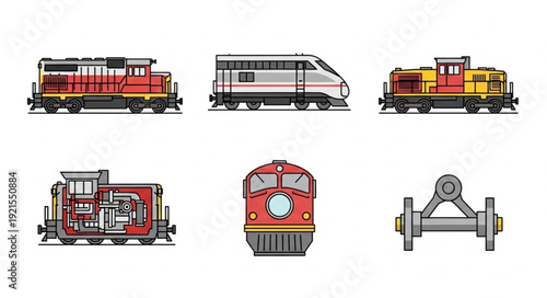 Collection of diverse train engines and parts illustration.