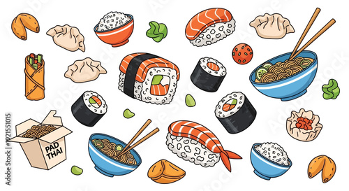 Assorted Sushi and Japanese Cuisine Illustration 1.