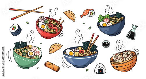 Assorted Asian Noodle Bowls with Toppings.