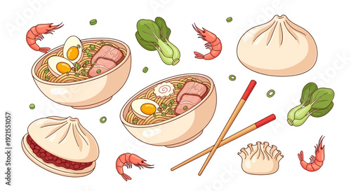 Assorted Dumplings and Asian Cuisine Ingredients.