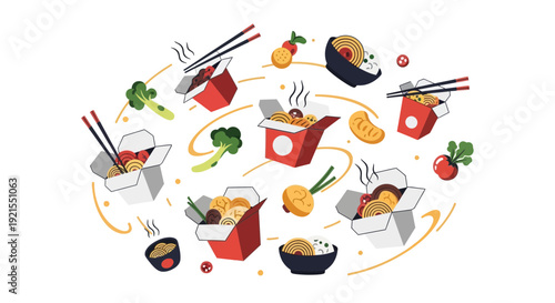 Assorted Asian Takeout Containers with Food.