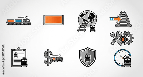 Collection of train and transportation related icons and symbols.