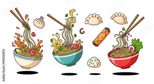 Three Bowls of Noodle Soup Illustration.