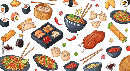 Assorted Japanese Cuisine Dishes and Ingredients.