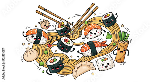 Sushi Cartoon Characters with Noodles and Chopsticks.