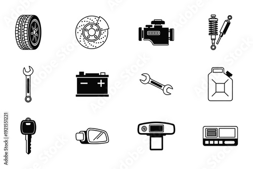 Collection of car parts vector icons, essential elements for automotive repair and service