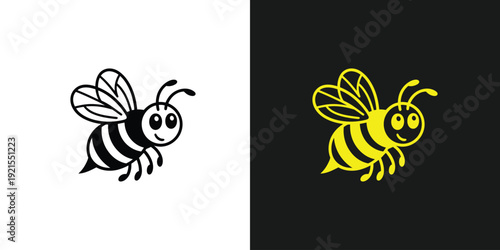 A cartoon bee illustration viewed from the side with striped body and wings on a contrasting background