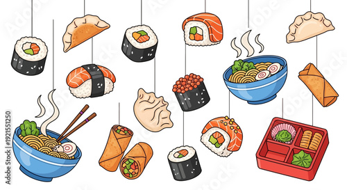 Assorted Japanese Sushi and Dishes Hanging.