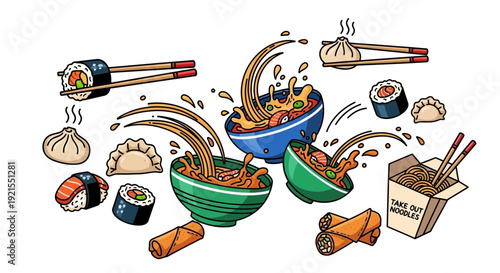 Assorted Asian Food and Noodle Dishes.