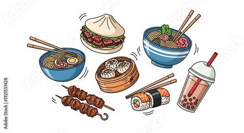 Assorted Asian Street Food and Drinks.