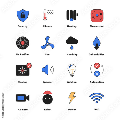 Smart home icons for various devices and systems