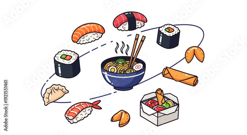 Sushi and Ramen with Various Toppings.