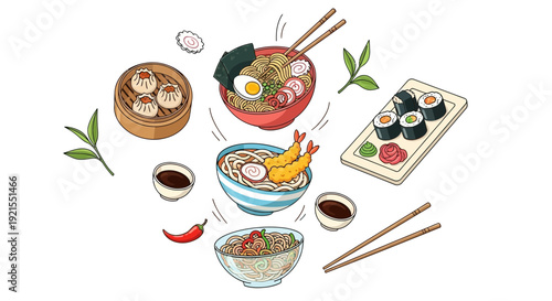 Assorted Asian Dumplings and Dishes with Chopsticks.