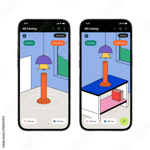 Smartphone screens displaying augmented reality furniture placement