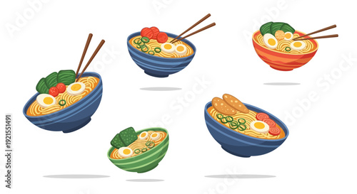 Assorted Cartoon Bowls of Ramen Noodles.
