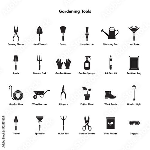 A collection of gardening tools on a white background